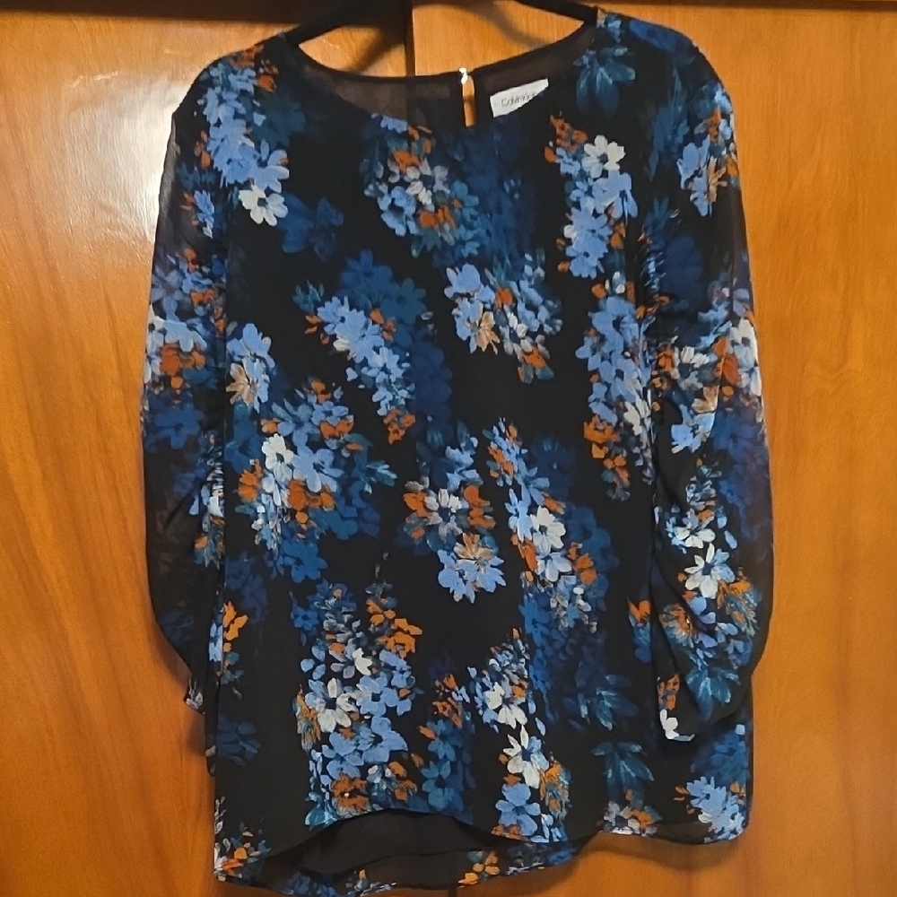 Calvin Klein Black and Blue Floral Blouse